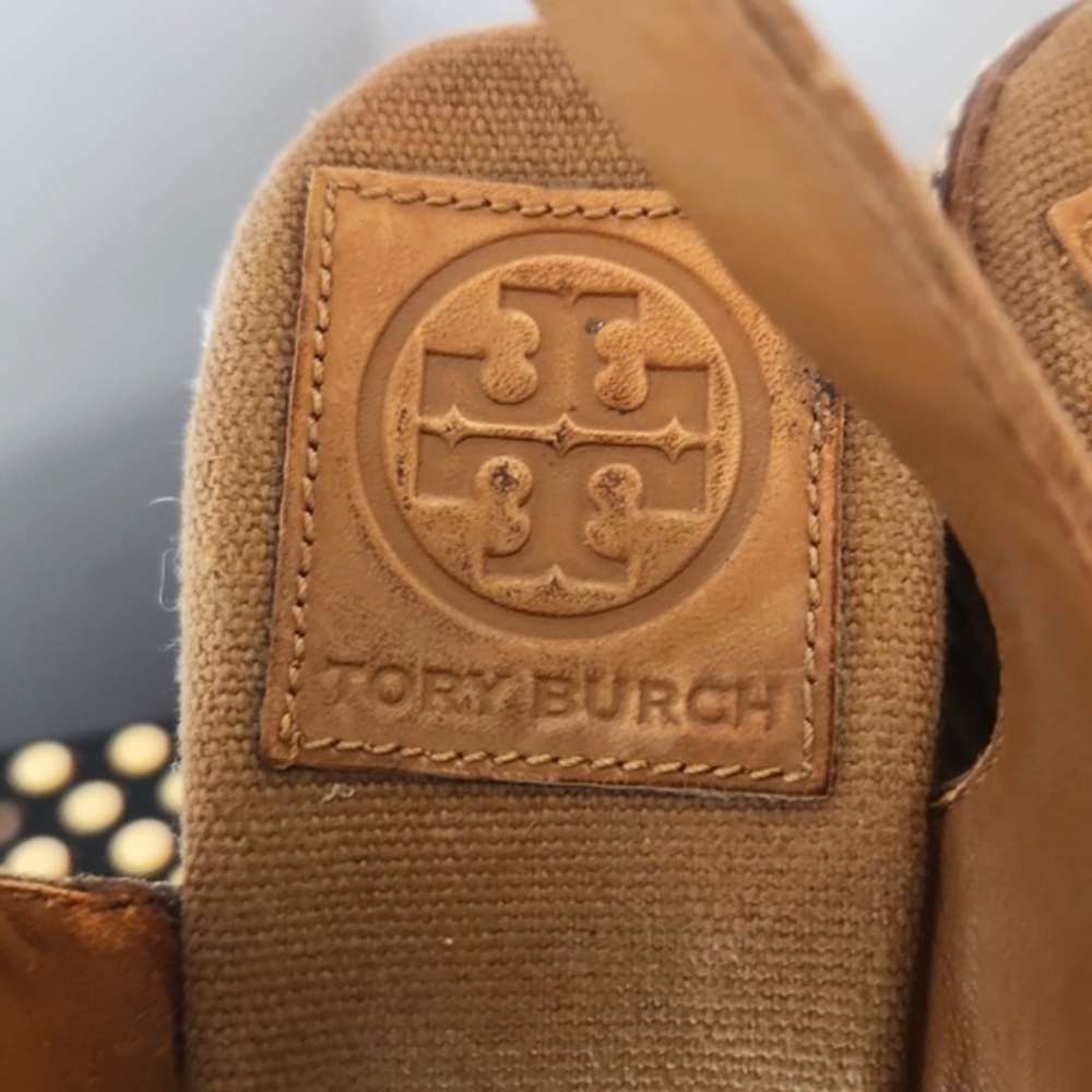 TORY BURCH LINLEY BROWN CANVAS W/GREEN ACCENT ESPIDRILLES WEDGE SANDALS SIZE 8 - Picture 6 of 7